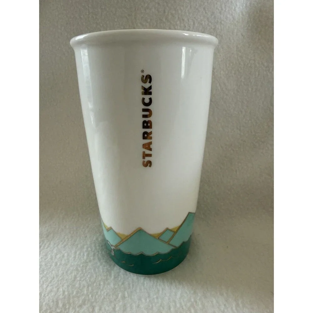 2014 Starbucks Hot Air Balloon Ceramic Coffee Tumbler Travel Gold Lid 12oz Dot